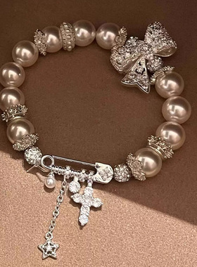 心事法式蝴蝶结珍珠手串女士串珠手链轻奢感小众手饰