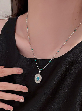 白茶叠戴绿松石项链配饰女感锁骨链轻奢小众设计吊坠颈链饰品