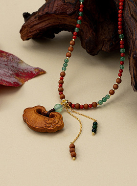 复古手工古法如意锁天然石檀木珠串珠项链新中式设计感毛衣链