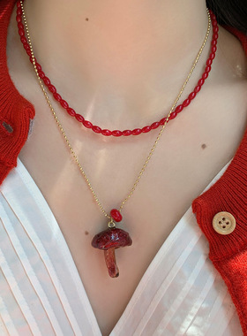 真蘑菇吊坠叠戴双层串珠项链女秋冬配饰毛衣链轻奢感颈链饰品