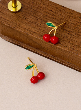 欧美跨境新品简约可爱风小樱桃滴油吊坠项链耳环红色滴釉樱桃套装