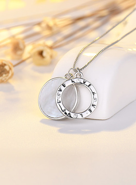 跨境爆款双环项链女白贝母镶钻锁骨链直播货源镀纯银圆环吊坠饰品