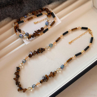 孔雀蓝绿色巴洛克淡水珍珠项链异形虎眼石美拉德风秋冬毛衣链女