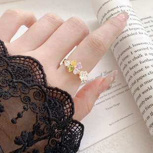 小众原创甜美繁华簇拥彩色锆石可调节开口指环戒指女小众轻奢食指