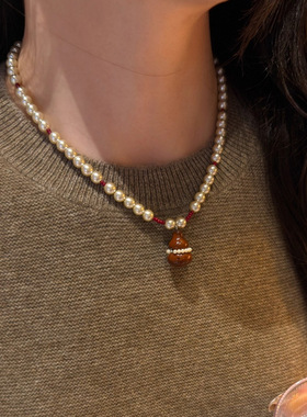 天然石葫芦珍珠项链配女小众串珠毛衣链轻奢感新中式颈链饰品