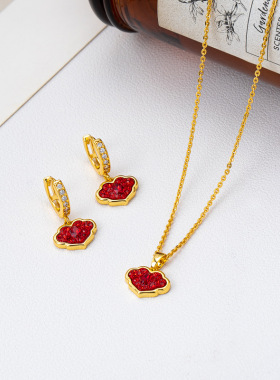 轻奢时尚如意灵芝耳环红色喜庆感气质新中式设计爱心锁骨链女