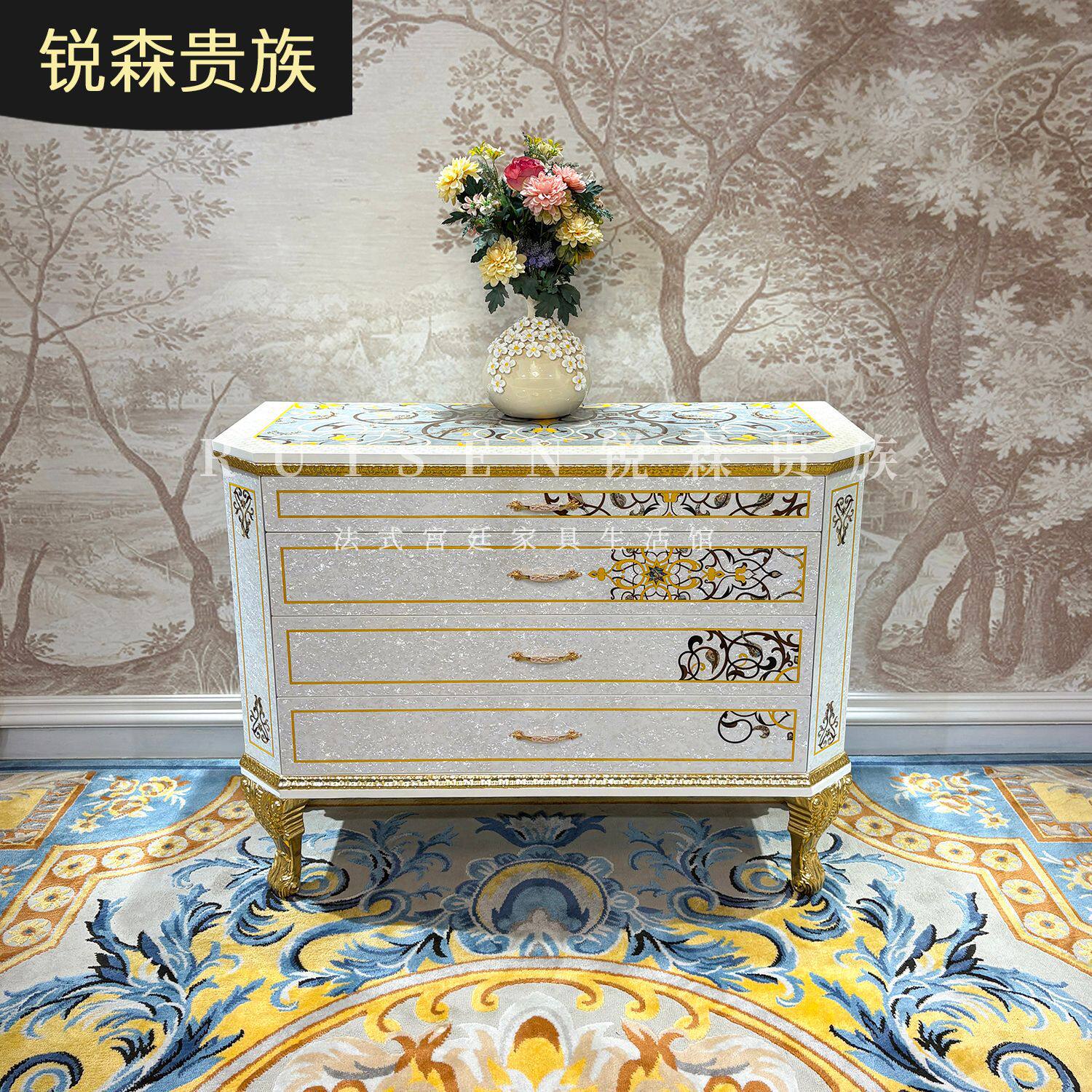 法式实木玄关柜欧式宫廷奢华客厅贝壳拼花玄关柜雕花储物柜