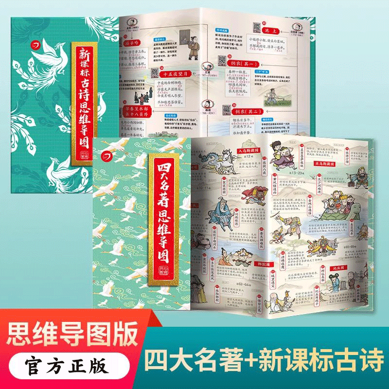 【官方正版】四大名著+小学生必背古诗词思维导图画册人物关系图水浒传三国演义红楼梦西游记唐僧取经路线图中一图看懂四大名著/KX