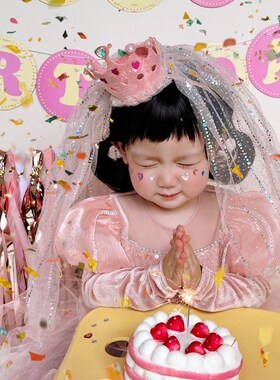 新品ins风g韩国公主皇冠头纱饰网纱发箍卡儿童女生孩甜美生日帽子