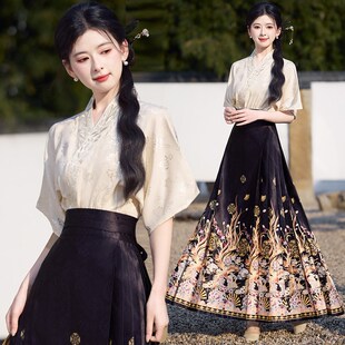 马面裙搭配上衣国风汉服短袖 V新中式 衬衫 2025新款 提花斜 夏季 新品