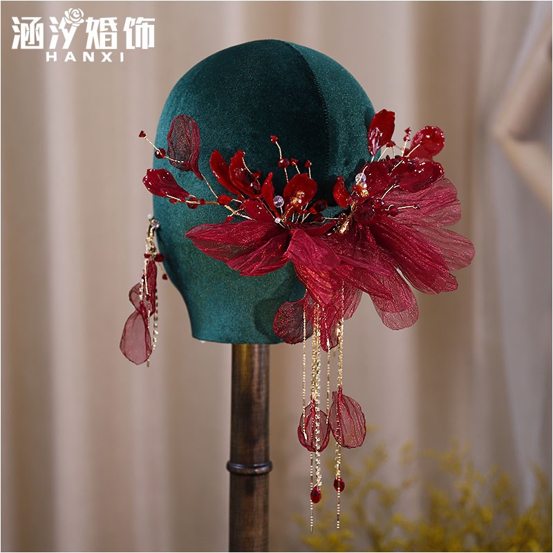 极速新款酒红绢纱花瓣流苏发夹新A娘头饰礼服跟妆盘发森系敬酒服