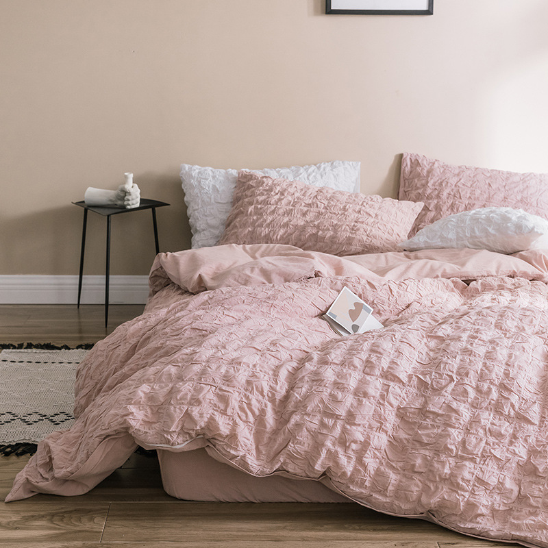 极速insc风全棉泡泡纱床上四件套少女心被套床笠款1.8亚马逊床单