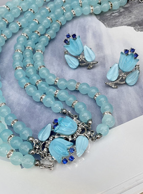极速淡蓝色月光铃兰o花耳环蓝水晶天然石郁金香花朵项链多层锁骨