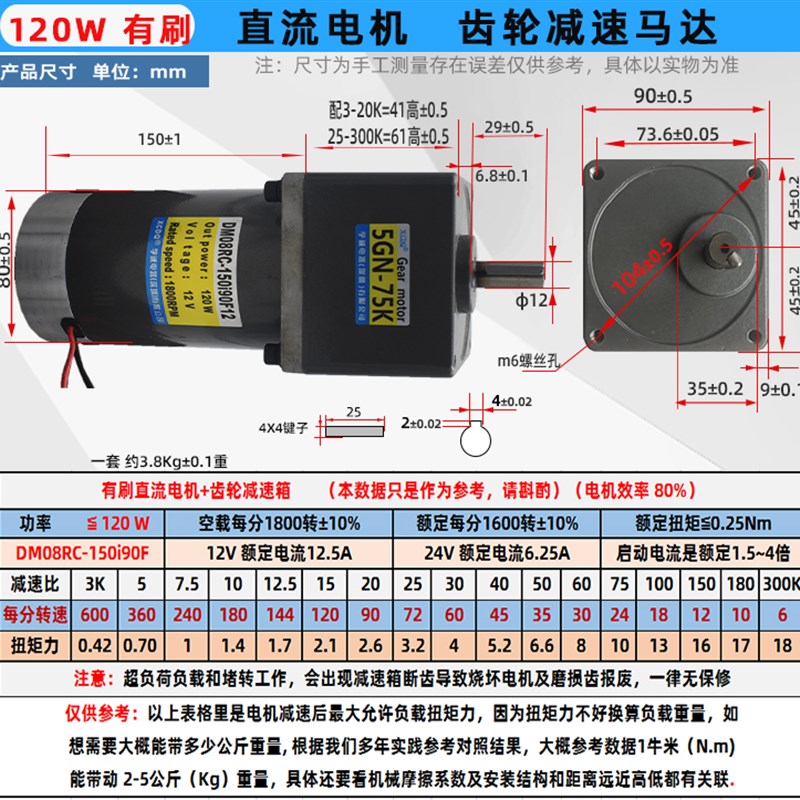 极速12b0W齿轮减速有刷直流马达12V24V低速大扭矩正反转调速器马