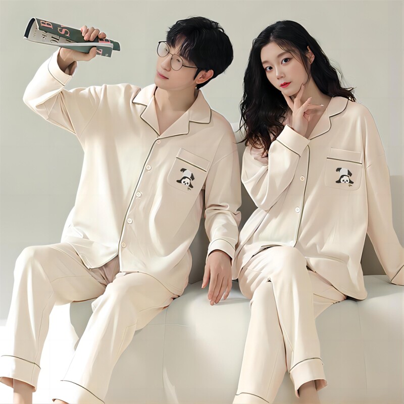 极速刺绣熊猫睡衣2023秋v冬季长袖柔软男女情侣家居服套装翻领可