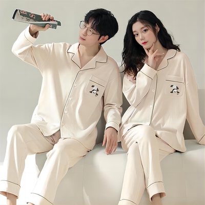 极速刺绣熊猫睡衣2023秋v冬季长袖柔软男女情侣家居服套装翻领可