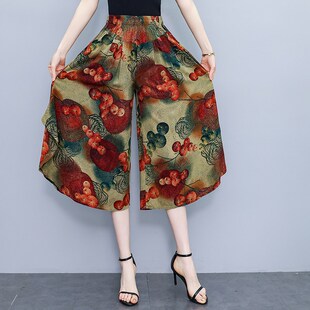 大脚裤 阔腿裤 裙裤 新品 L棉绸花裤 女裤 七分裤 子印花民族风 妈妈夏季