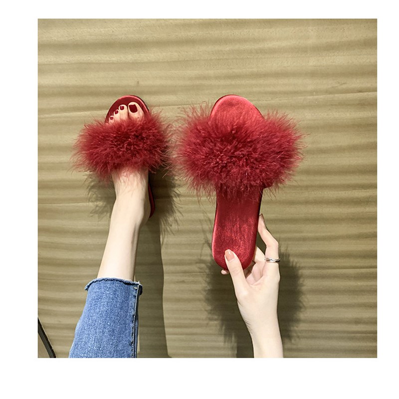 极速新娘配晨袍拖鞋女毛毛t伴娘羽毛结婚婚鞋红色仙女风新婚夏凉