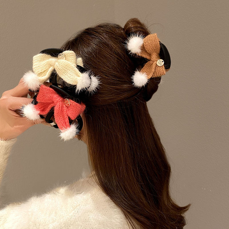极速秋冬针织f蝴蝶结毛球抓夹女2023新款网红后脑勺巨能夹气质鲨