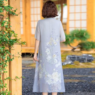 新中式 妈妈夏装 国风连衣裙高端雪纺N遮肚中老年改良旗袍 时尚 新品