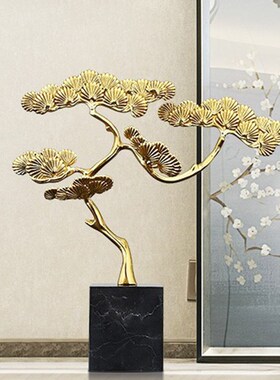新品新中式禅意黄铜摆件迎客松客厅玄G关酒柜装饰品乔迁新居礼品
