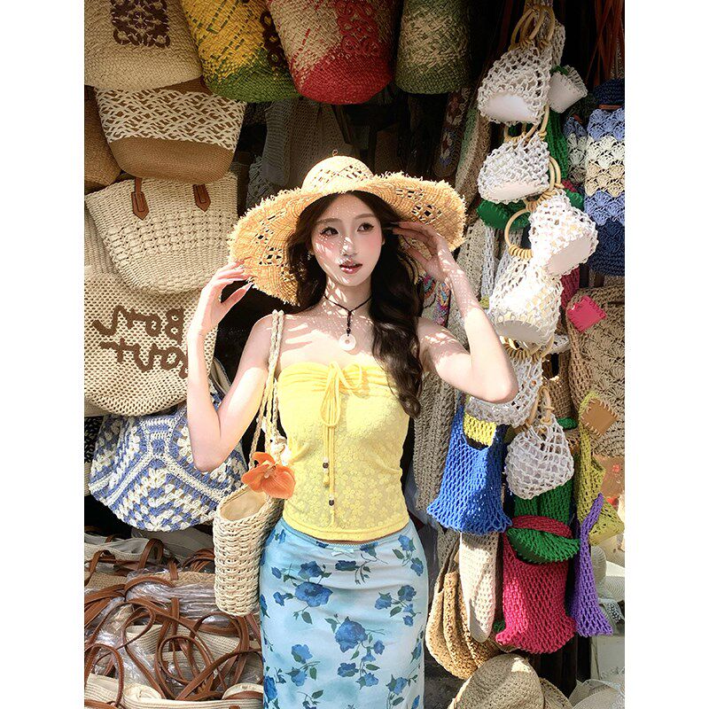 新品抹胸辣妹上衣女外穿夏日多巴C胺元气穿搭海边度假套装两件套