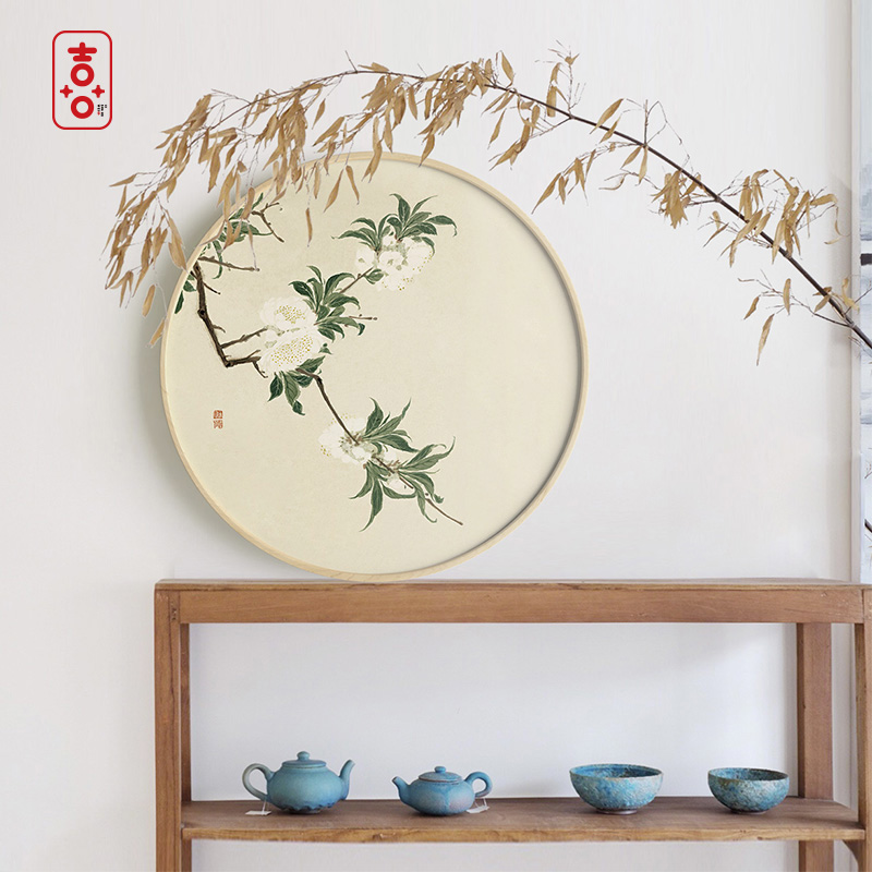 极速【喜】新中式客厅圆形装饰画民F宿酒店玄关实木挂画植物花卉图片