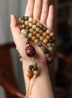 新品天然白玉菩提根1o08颗多宝色风化黄绿手链手串圆珠桶彩色菩提