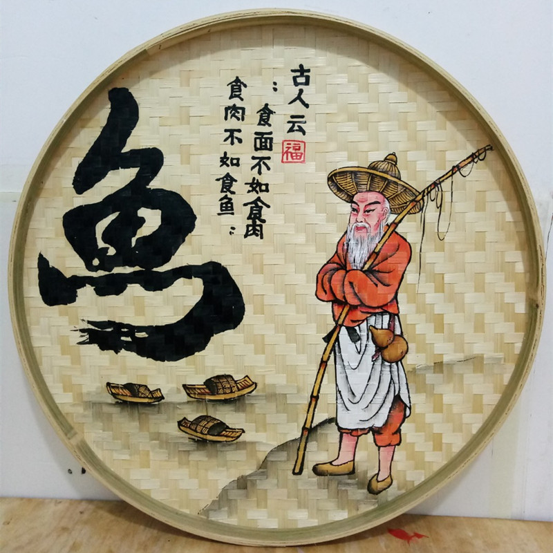 极速手绘竹编画簸箕o画饭店装饰竹筛子农家乐挂件竹制品餐厅装饰图片