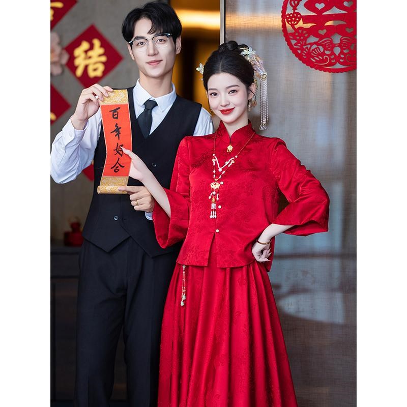 酒红色新娘敬酒服两件套改良长袖旗袍F秀禾服新中式婚服订婚晚礼