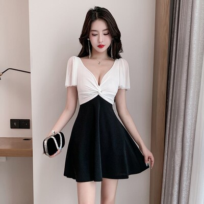 新品夜场女装性感连衣裙气质深Vy领镂空收腰显瘦柔式spa足浴技师