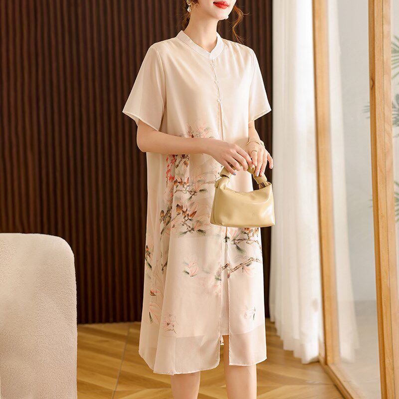 新品新中式妈妈装真丝连衣裙夏装印E花裙子中老年女装改良旗袍素