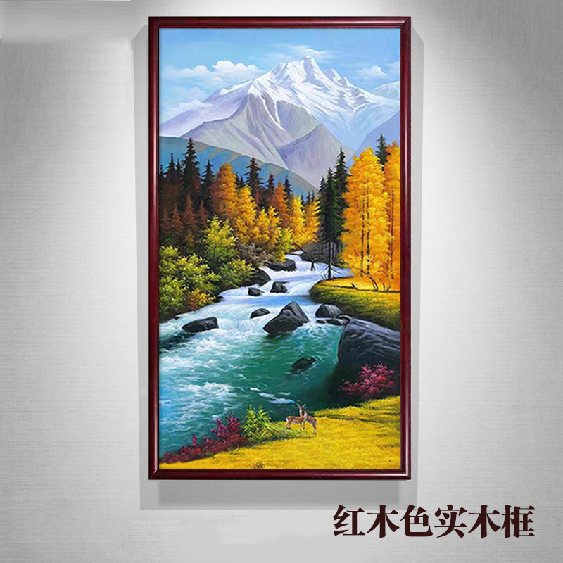 极速北欧竖版玄关l油画纯手绘山水精品装饰画入户过道欧式风景鹿