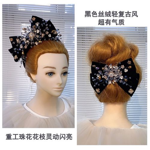 极速欧美绒布水晶蝴蝶结弹簧夹儿童头饰小女孩演出艺X考后脑勺公