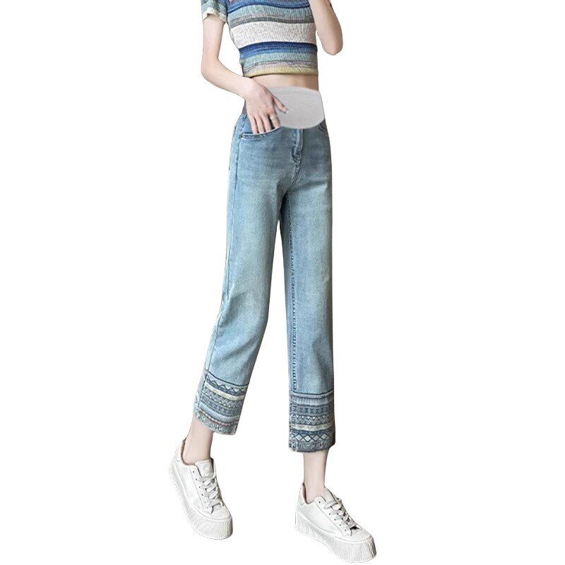 新品孕妇裤子春秋款外穿直筒牛仔裤显瘦九分M打底烟管裤小个子秋