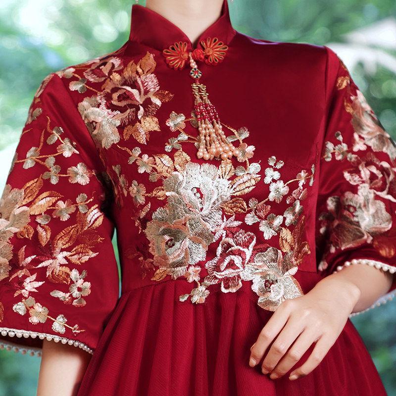 速发孕妇敬酒服新娘婚宴遮肚中小个子红色结大回门婚码子式礼服