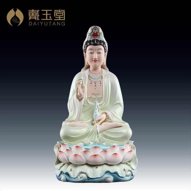 速发陶瓷摆件《菩6像莲座观音绿衣》观世音1萨佛水家用供