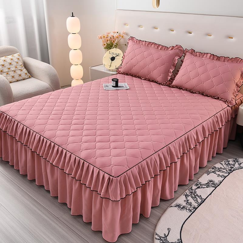 夹棉床裙纯色单件床罩加棉床单带裙边加枕套三件套床垫保护套床套