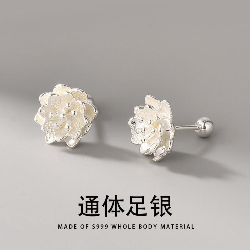 S999足银小众复古莲花拧螺丝耳饰女纯银方圆脸防过敏养耳耳钉