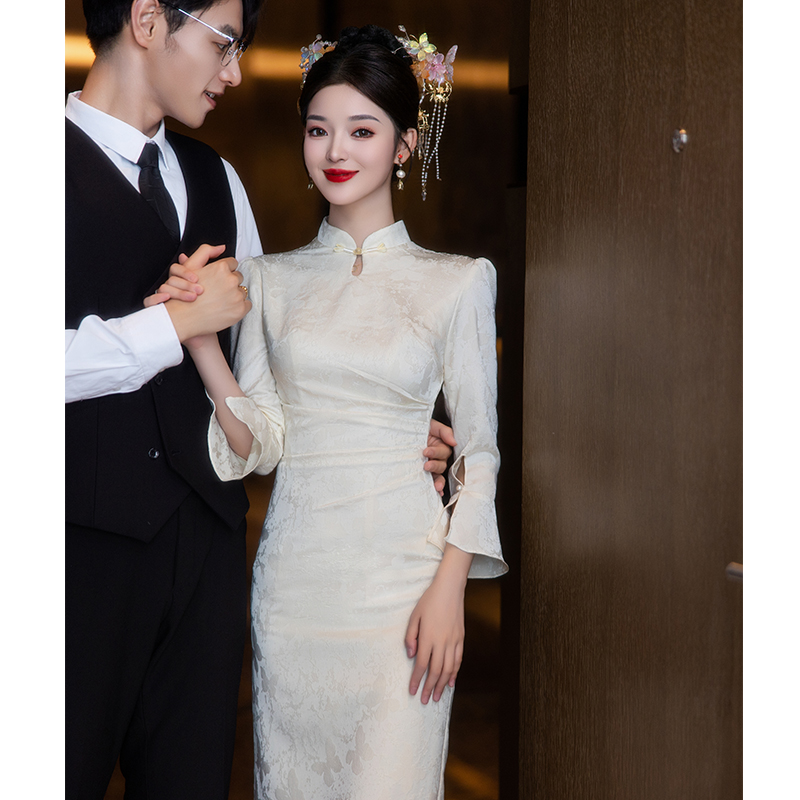 速发香槟色订婚旗袍中酒服婚娘小个子新敬式结新礼服连衣裙改良长