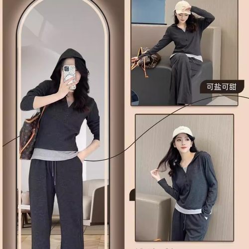 糯米长袖套装休闲套装薄款韩版慵懒风宽松卫衣连帽春秋款xt