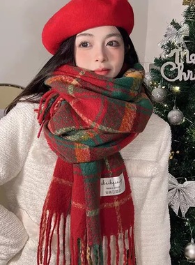 绿色圣诞围巾女冬季高级感氛围格子围脖新年红色圣诞节礼物ak