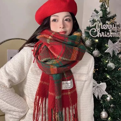 绿色圣诞围巾女冬季高级感氛围格子围脖新年红色圣诞节礼物q