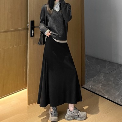 慵懒风鱼尾裙女秋冬百搭高腰显瘦垂坠感a字一步包臀半身中长裙mj