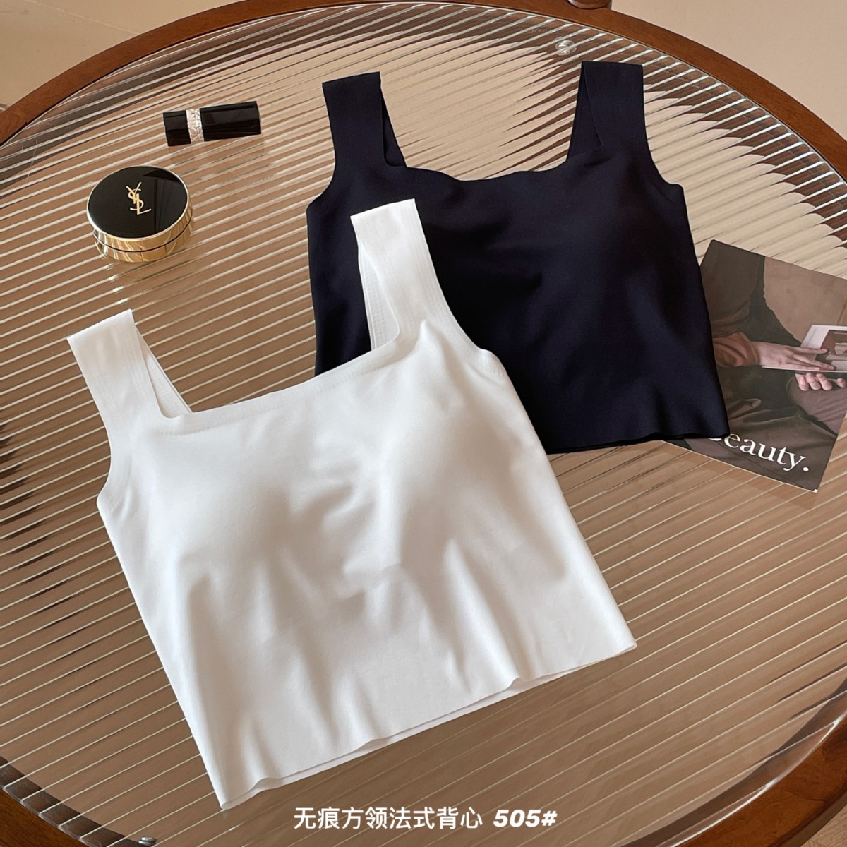 带胸垫宽肩背心女方领美背文胸一体打底抹胸上衣