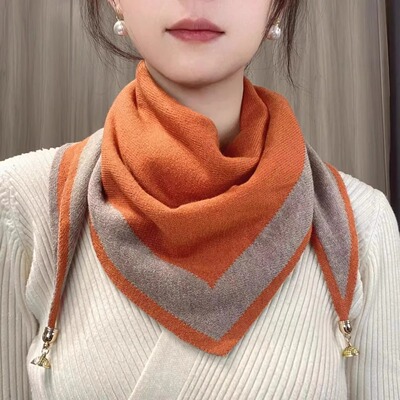 2025秋冬护颈围巾新款磁扣针织韩版时尚百搭山茶花拼色三角巾围脖