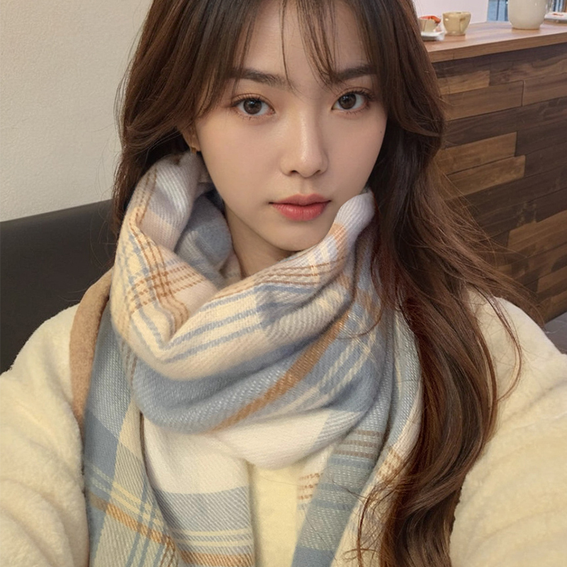 2024新款氛围感jk蓝色格子围巾