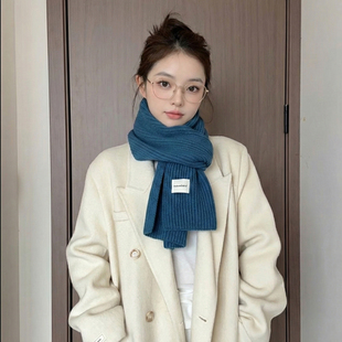 伦敦蓝针织围巾女冬季2025新款保暖百搭韩系蓝色高级长条围脖情侣