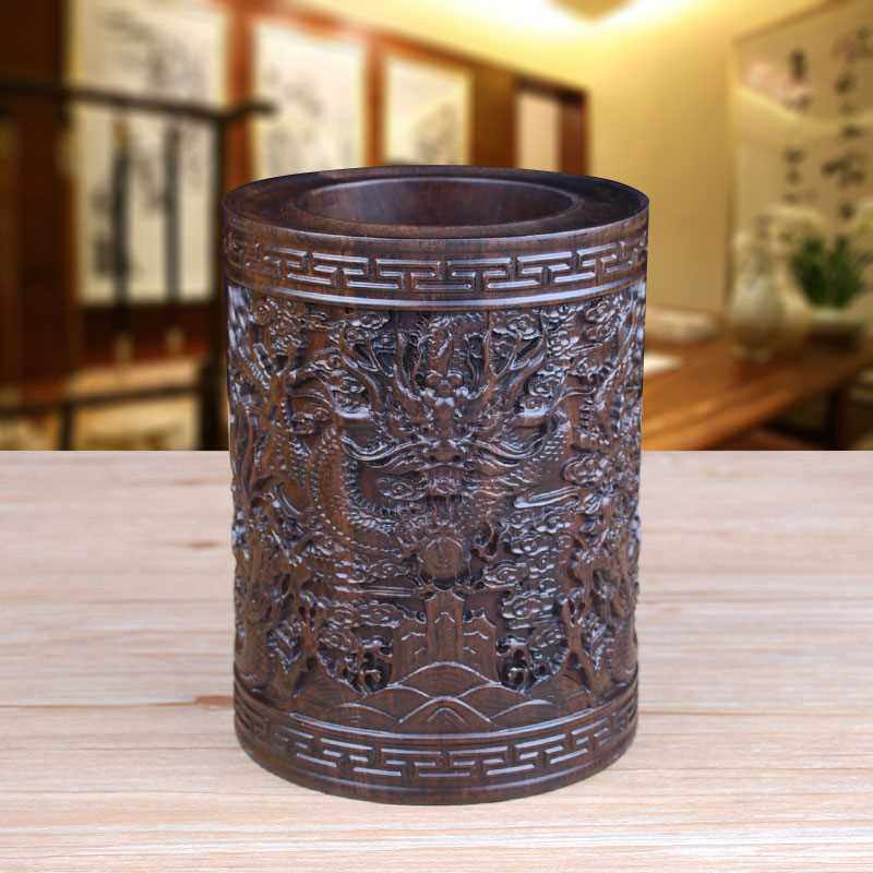 极速新新黑檀毛笔笔筒红木毛笔笔C筒工艺品摆饰木雕刻实木紫檀红