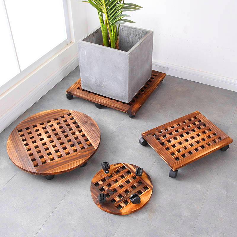 极速防腐木可f移动花盆托盘圆形带滚轮实木制底座万向轮长方形盆